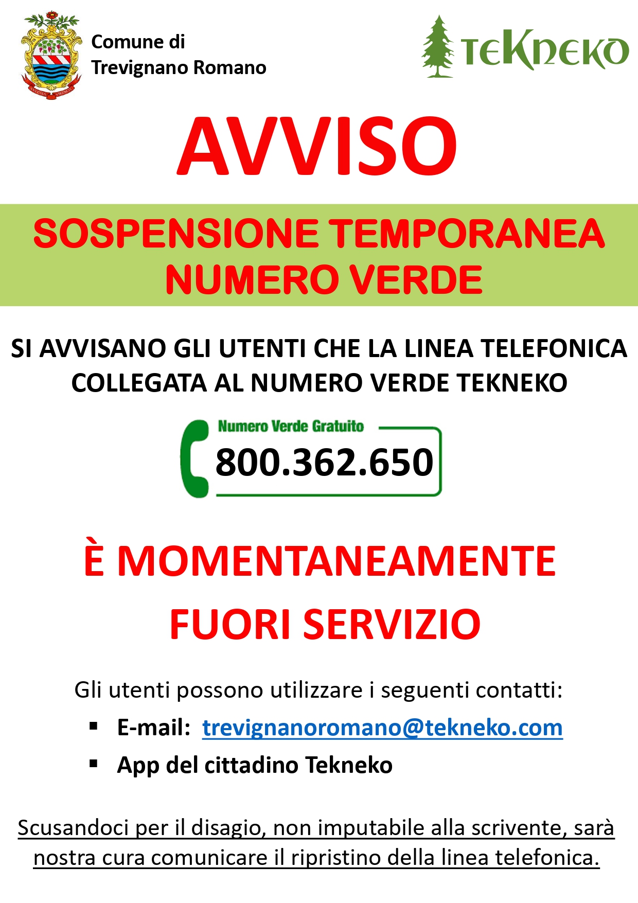 sospensione momentanea del numero verde